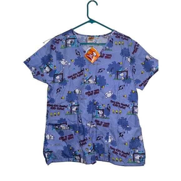 Peanuts Snoopy Scrub Top Cartoon Print M Blue 65% Polyester 35% Cotton - Picture 1 of 7